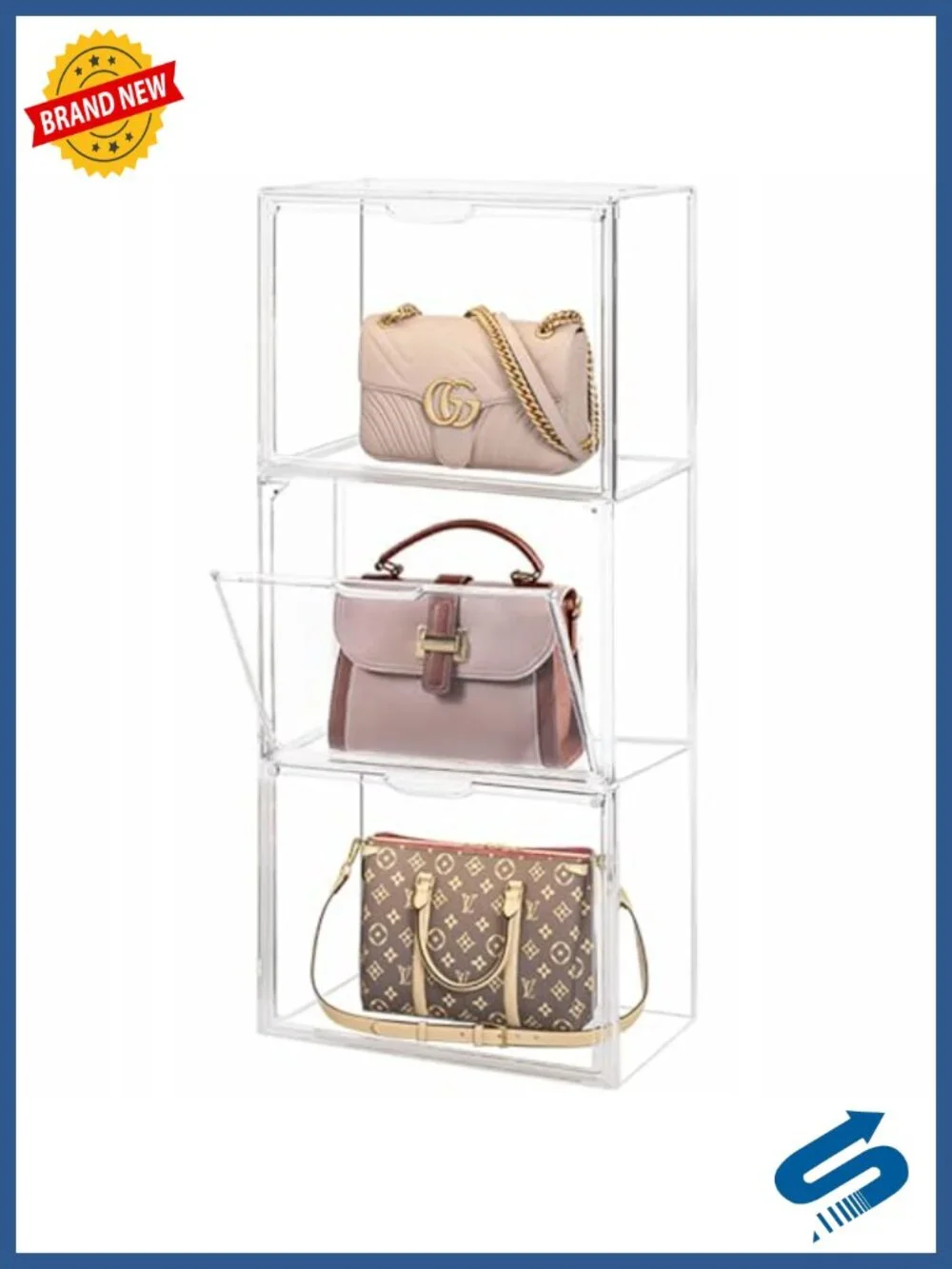 3 Pack Clear Plastic Handbag Display Case with Magnetic Drop Front